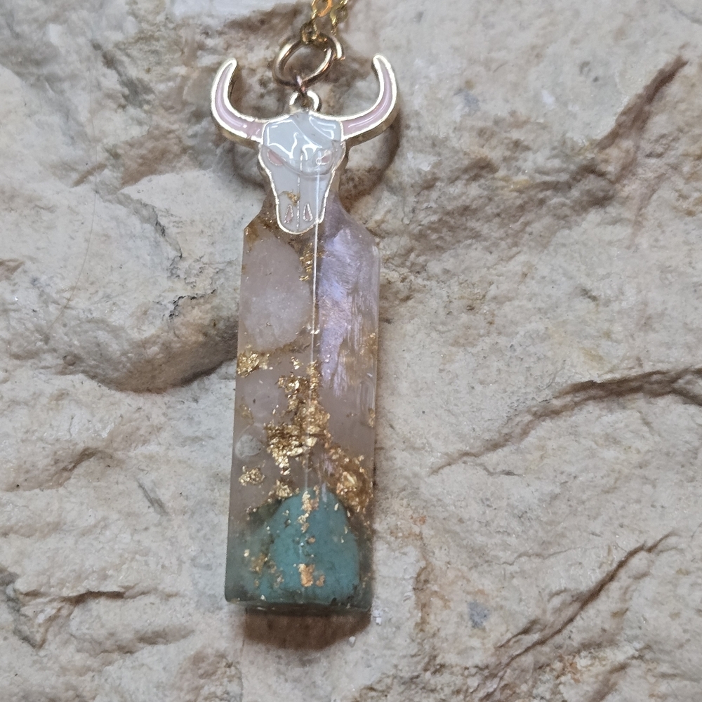 Rose Quartz & Turquoise Resin Cylinder Pendant Necklace | Gold Foil Accent | 20” - Picture 3 of 10